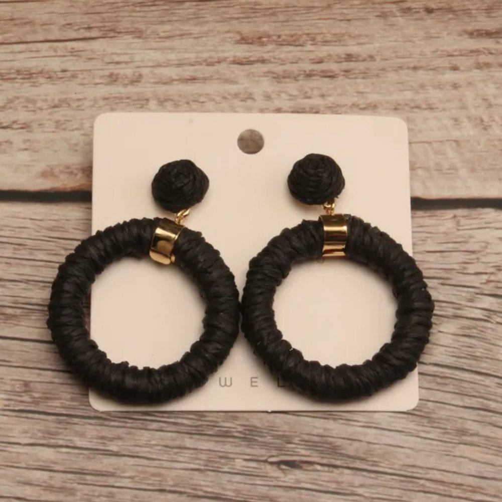 Bohemian Gold & Black Woven Raffia Rattan Tropical Hoop Dangle Earrings NEW